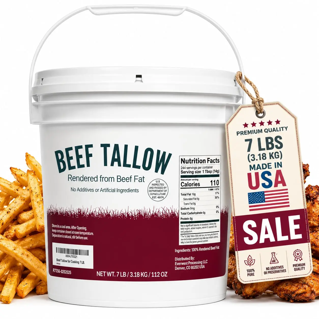 Beef Tallow for Cooking | 7lb ( 112oz) ,100% Pure Beef Fat |  No Additives | High Smoke Point Cooking Fat for Frying, Roasting & Baking | Keto & Paleo Friendly | Made in USA Healthy