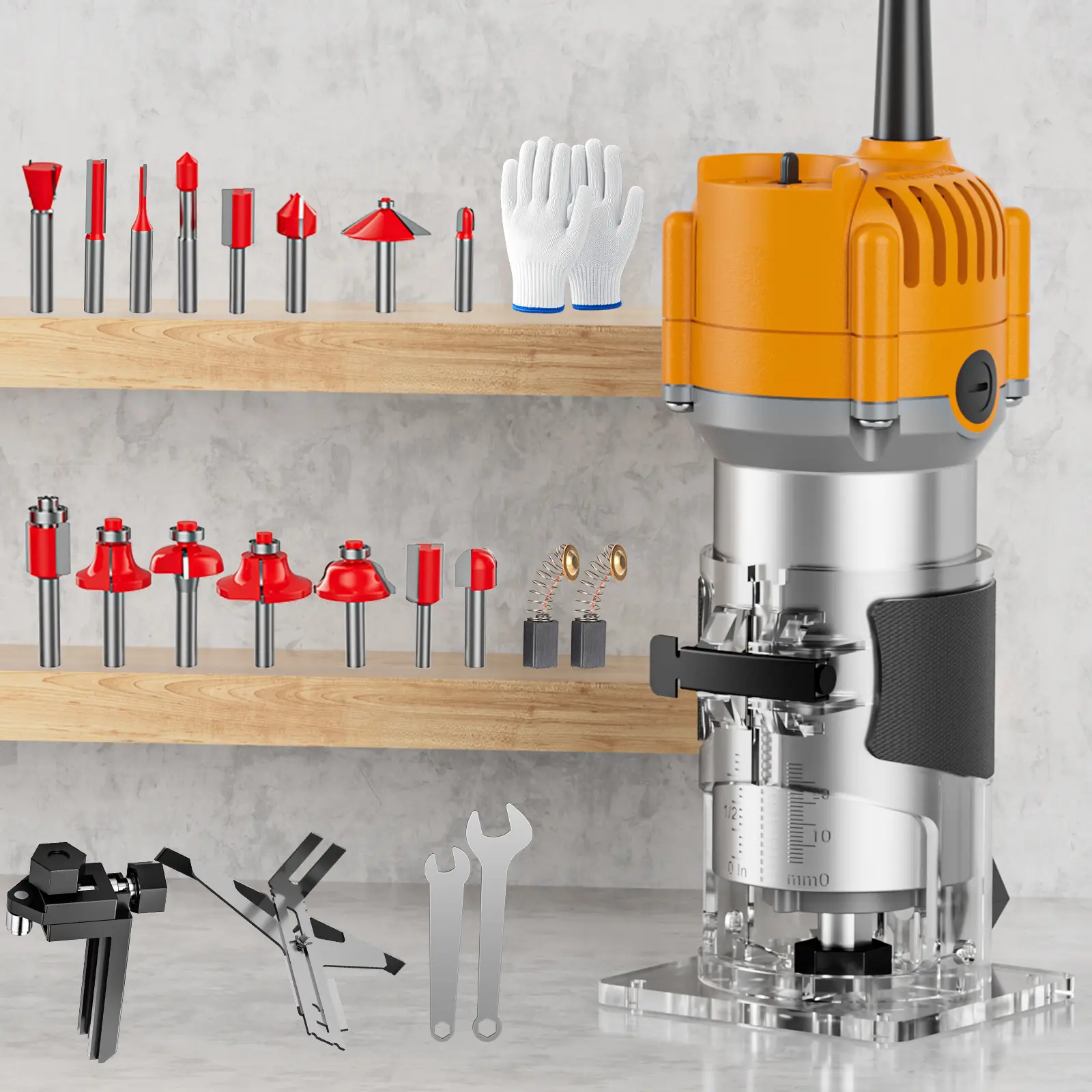 Wood Router tool,Electric handheld edge trimming machine, used for woodworking edge trimming, drilling, carving, slotting, and chamfering. Simple and practical, suitable for woodworking furniture, DIY handmade production.