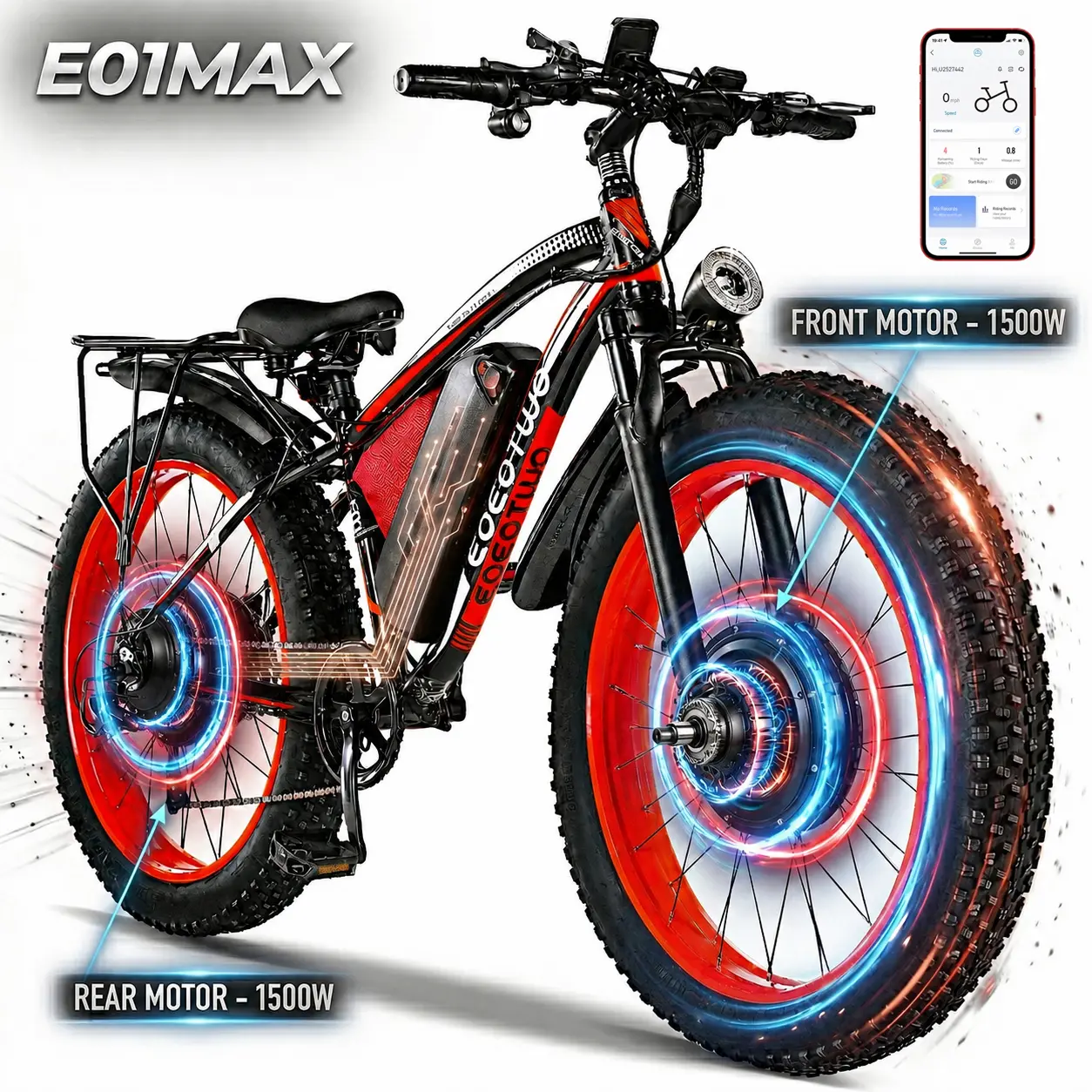 EOEOTWO E01MAX 3000W Peak Dual Motor Electric Bike for Adults 40MPH 48V23A, 26x4 Fat Tire All Terrain Ebikes, Full Suspension E Bike, Dual hydraulic brakes, equipped with turn signals, brake lights and app，Shimano 7-Speed Gear Electric Bicycle 3000W-60V