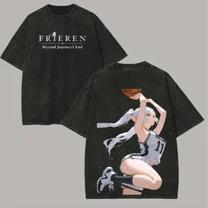 Frieren Beyond Journey's End T-shirt Men's Unisex Clothing Trendy Washed Oversized T Shirt Short Sleeve Pure Cotton Tees Tops