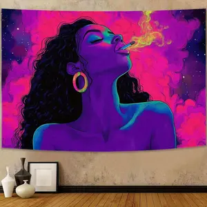 Futuristic Style Velvet Tapestry with Edgy Cyberpunk Girl & Forest Print, Lightweight Peach Skin Wall Hanging, Home Decoration for Living Room, Bedroom Room Decorations