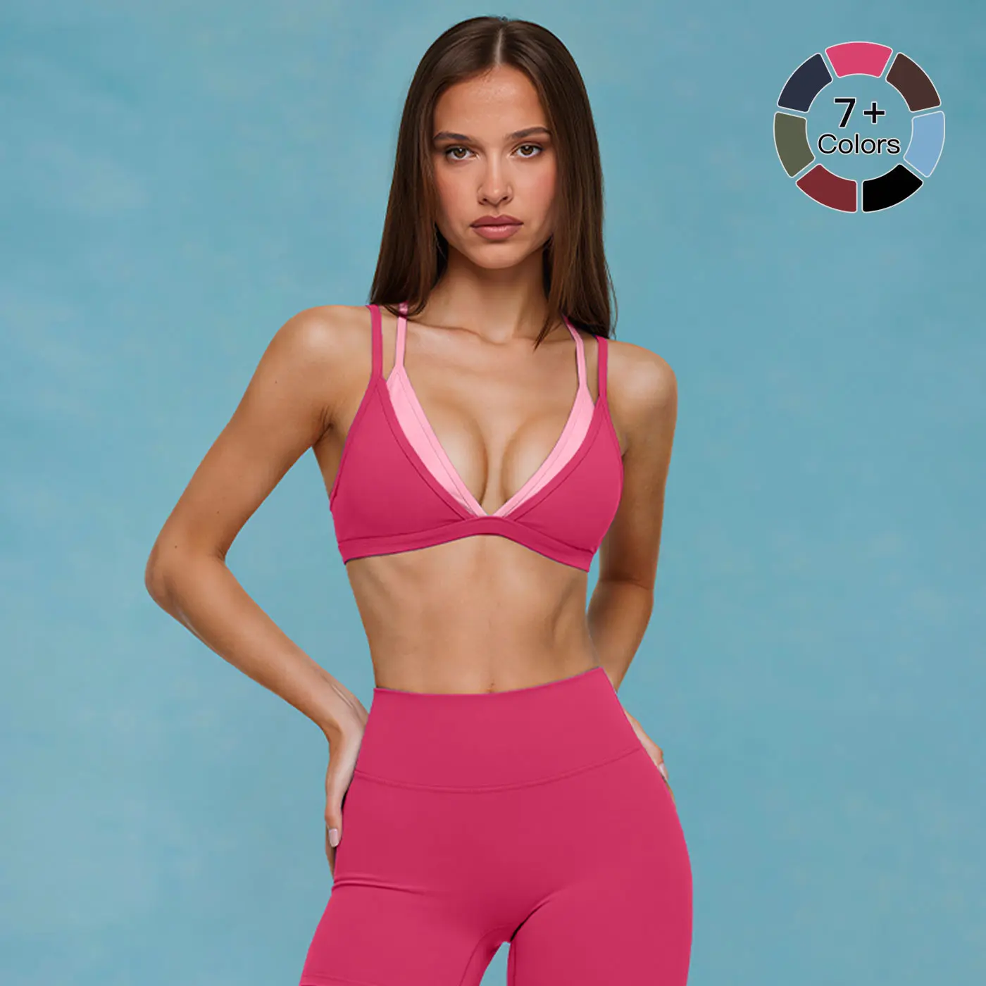 MFVIM Strawberry Pink Faux Two-Piece Double-Layer Color-Blocked V-Neck Women’s Sports Bra with Thin Straps, Push-Up Design for Yoga, Pilates, and Fitness