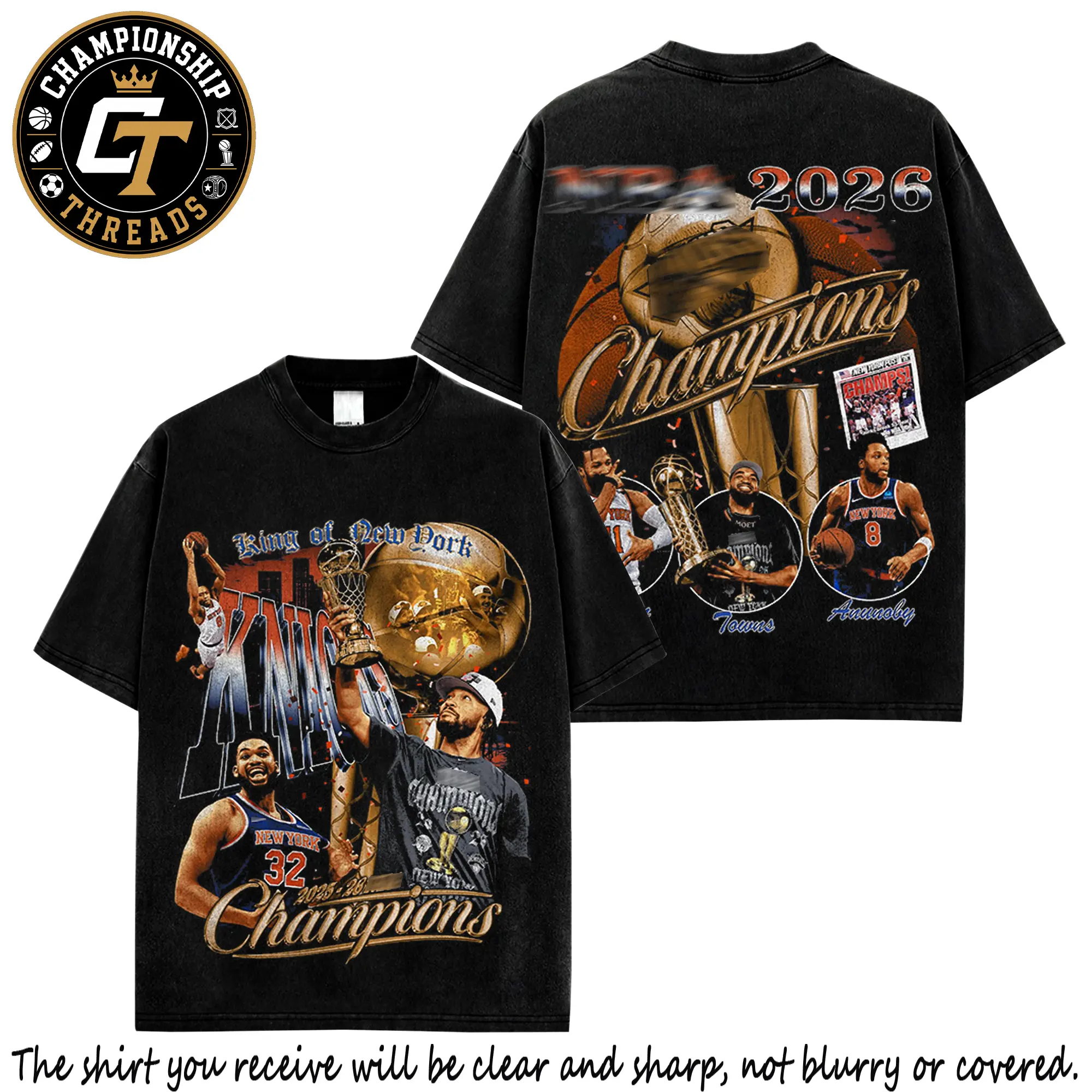 Karl-Anthony Towns King Of New York Champions 2026 Premium Cotton T-Shirt, New York Basketball Fan Tee, Vintage Finals Trophy Graphic Shirt, Orange Blue Hoops Apparel, Gift For Basketball Fans