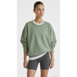 Women's Sage Green Oversized Longsleeves Cotton Round Neck Hoodie Sweatshirt - Minimalist, Lightweight, Breathable, Denim-Accented, Polyester-Blend, Lady's Love-Designed Fit Top for Everyday Casual Bike Wear