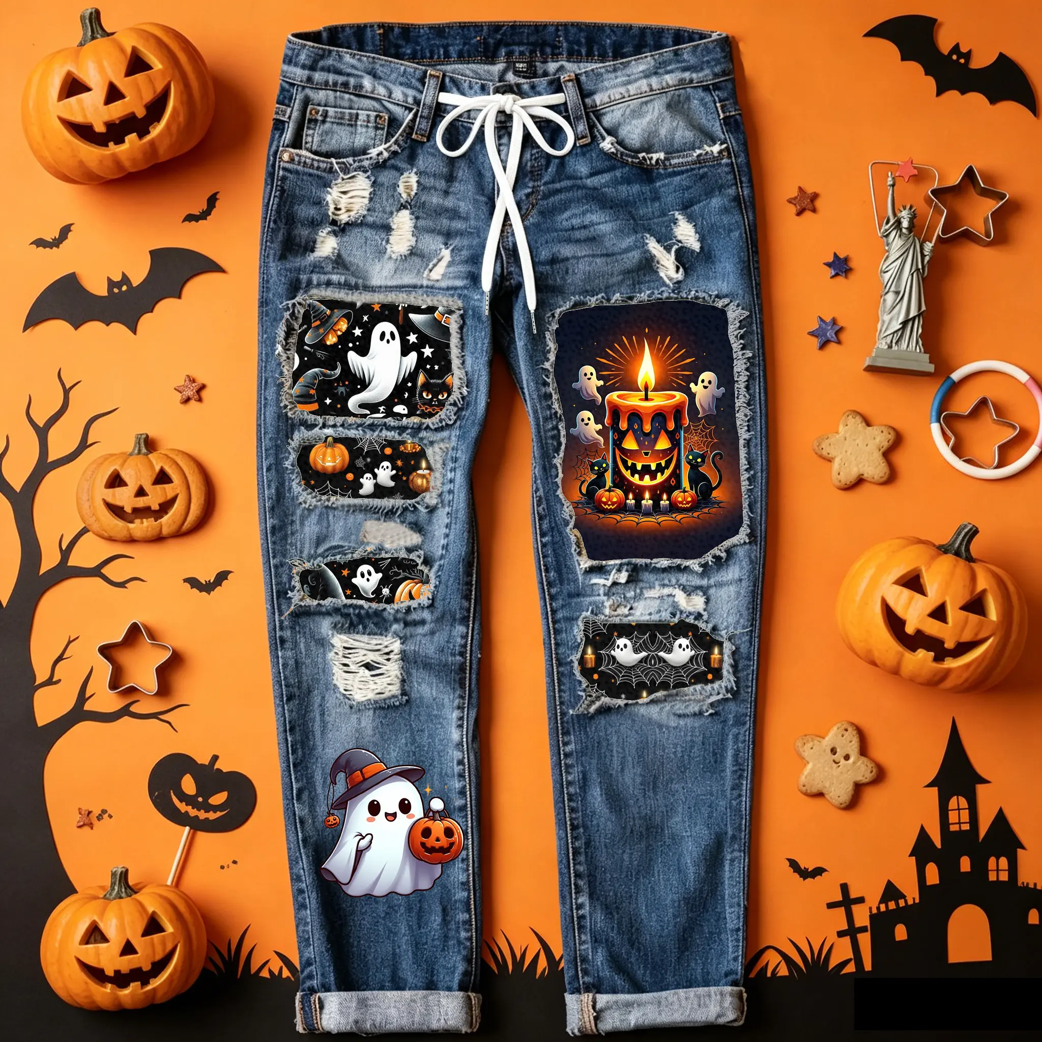 2026 New Halloween Ghost & Candle Print Patchwork Ripped Women’s Jeans – Vintage Distressed Look, Trimmed Edges, Slim Fit, Mid-Rise, Non-Stretch Straight Leg