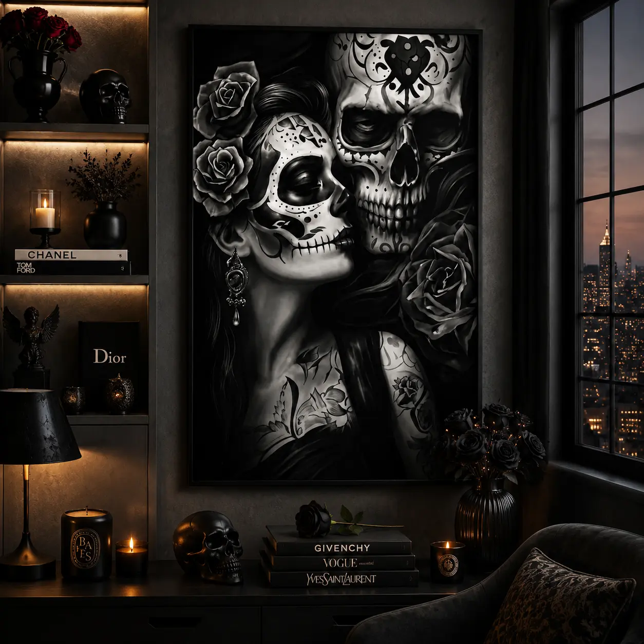 Day of the Dead Sugar Skull Couple Canvas Wall Art Poster Gothic Romantic Black & White Skull Print, Modern Home Decor, Bedroom & Living Room Aesthetic Poster for Dark Stylish Interiors