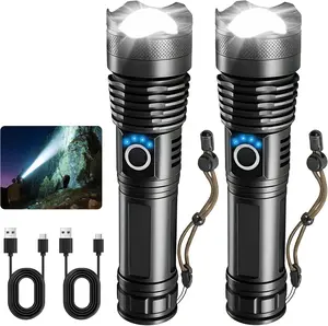 【SummerVibes】Super Bright Handheld Flashlight High Lumens,  Rechargeable LED Flashlights Battery Powered with 5 Modes, Waterproof Powerful Zoomable Flash Light for Home, Camping，Emergencies, Outdoor, 2 Pack