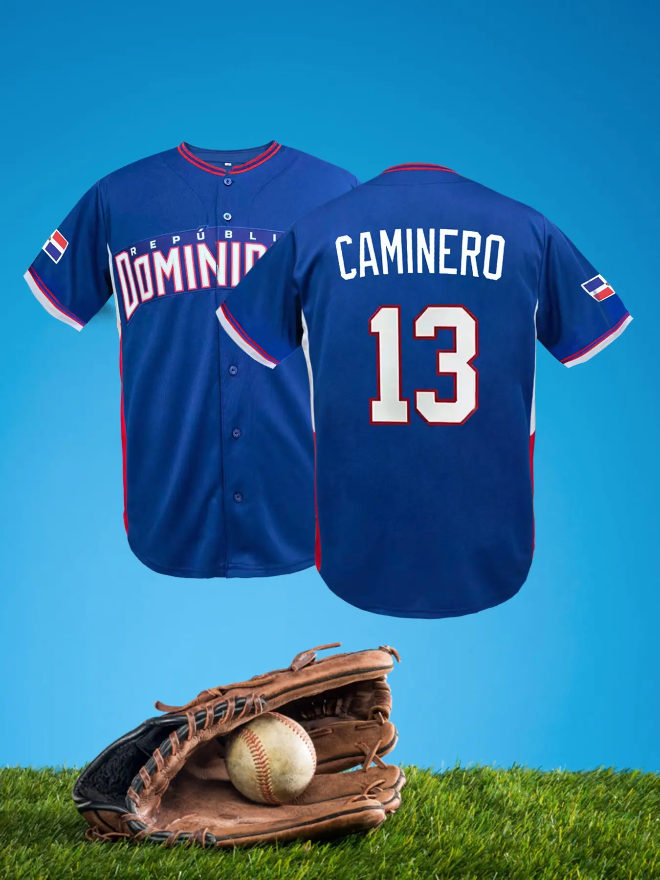 Unisex Dominican Themed #13 2026 Tournament Style Embroidered Baseball Jersey, Embroidery Sportswear, Loose Fit Button Down Breathable Short Sleeve Athletic Top for Training Game Daily Wear