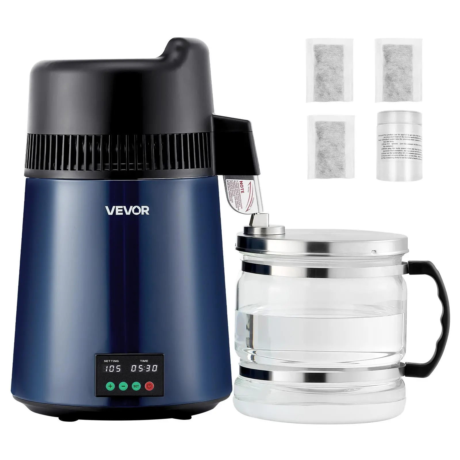 【Backtoschool】VEVOR Water Distiller, 6L 1.6 Gallon Larger Pure Water Purifier Filter For Home Table Countertop, 900W Glass Pot Distilled Maker, Stainless Steel Body Drinking Machine to Make Clean Waters, Blue-Black