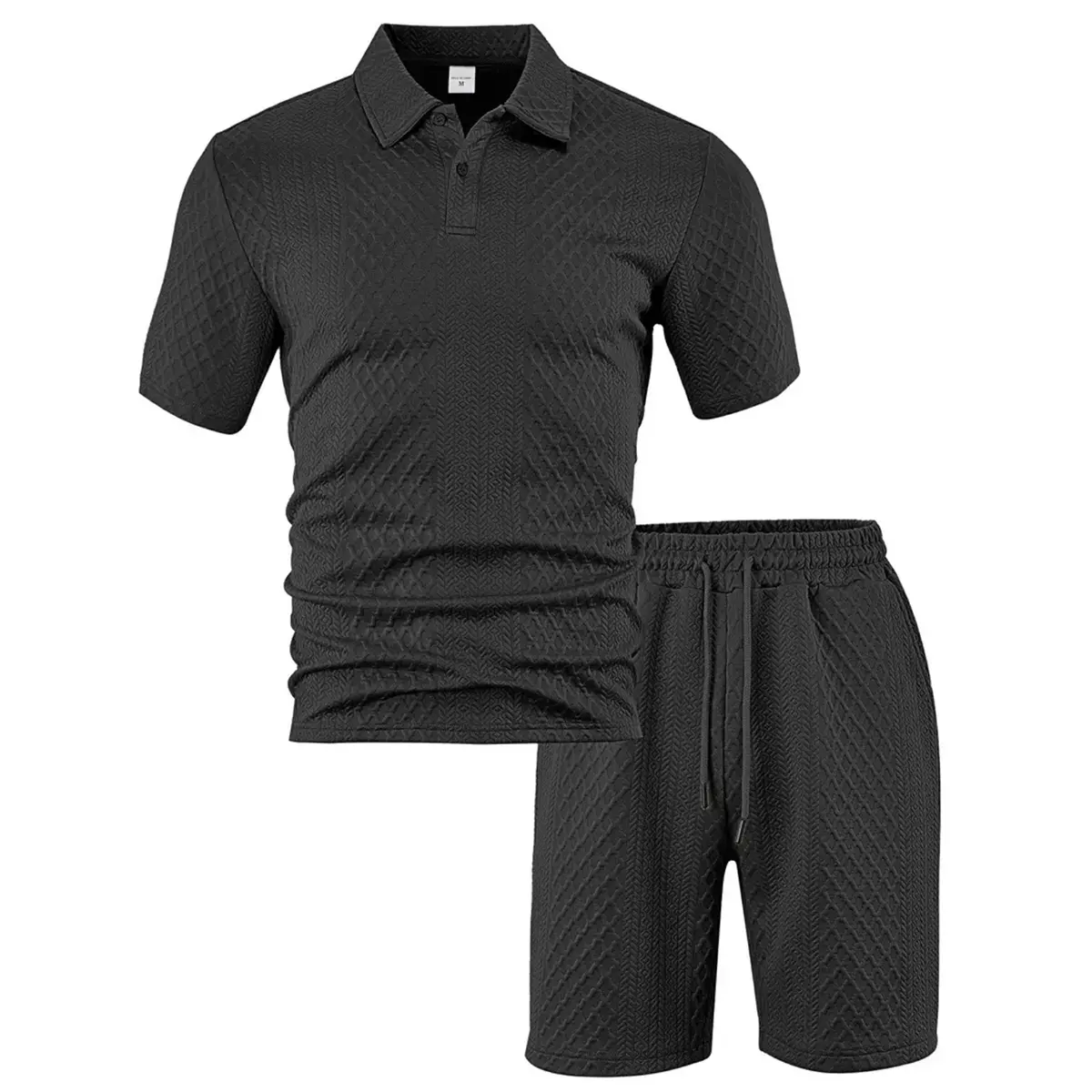 Men's suit, summer solid color T-shirt with shorts two-piece set, sports casual collar T-shirt and pants, beach pants, fashionable trendacquard texture fabric, elastic waistband, striped plaid design, suitable for daily casual beach.