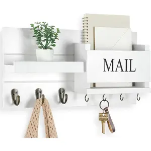 Mail Organizer for Wall Mount - Key Holder with Shelf Includes Letter Holder and Hooks for Hallway Farmhouse Decor - Rustic  with Flush Mounting Hardware (16.5" x 9.1" x 3.4") (White)