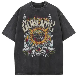 Vintage Washed Graphic Tee, Oversized Sun Skull Print T-Shirt, Retro Streetwear Y2K Style, Distressed Black Crewneck, Soft Breathable Cotton, Casual Daily Wear, Street Style, Festival Outfit, Unisex Rock Aesthetic Top