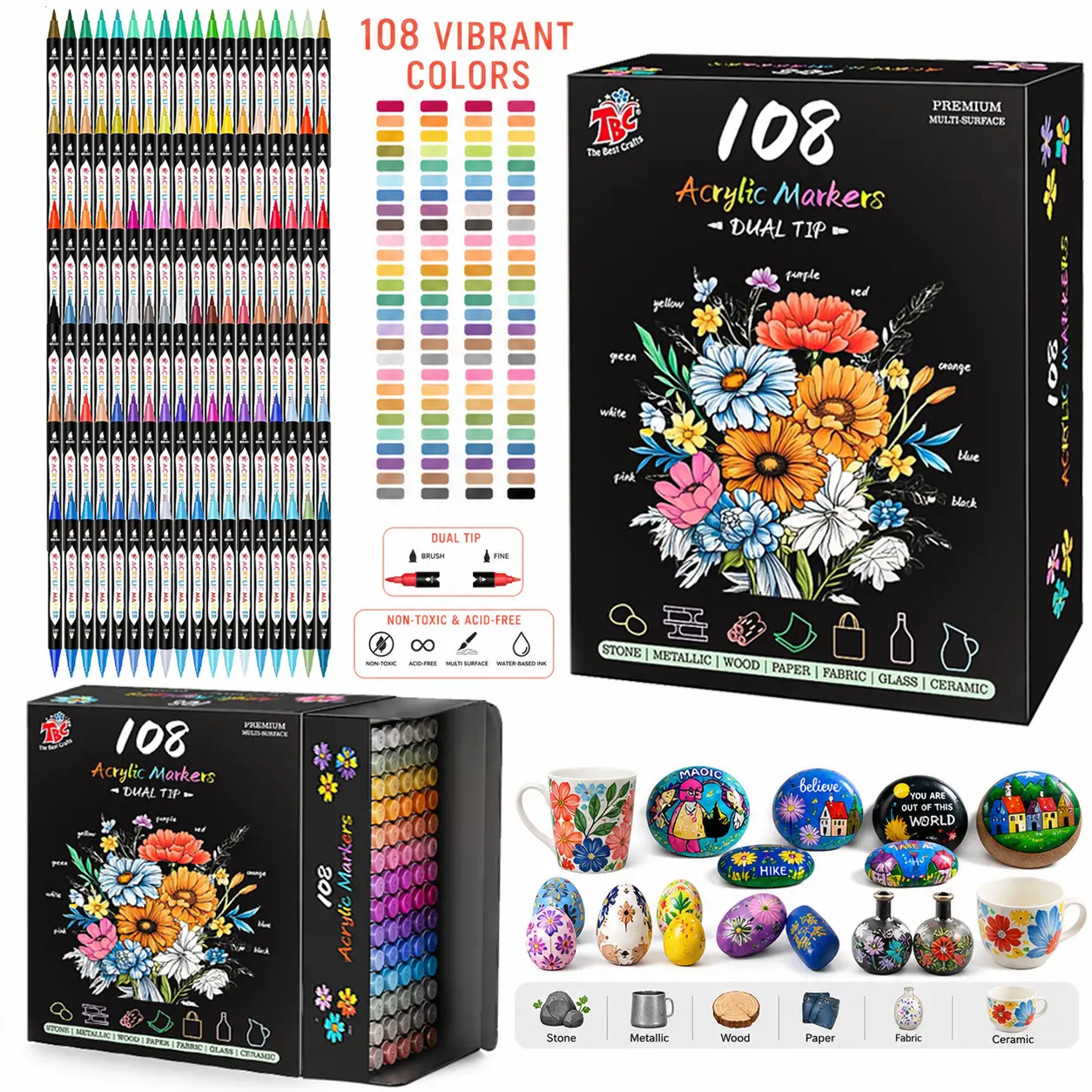TBC The Best Crafts 108 Vibrant Colors Dual-Tip Acrylic Paint Marks - 0.1mm Fine Nylon Bullet Head & 1-3.9mm Round Tips, Waterproof Non-Toxic Plastic Mark Pens, Shake Before Use for DIY Projects, Office Stationery Writing Supplies