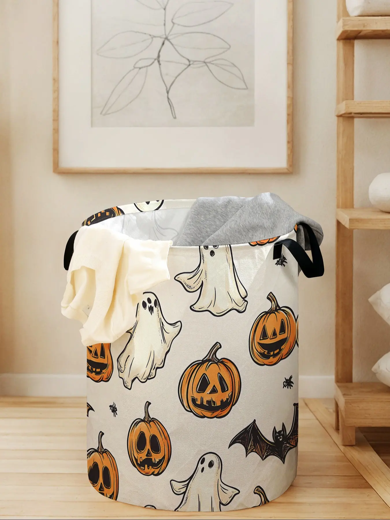 Halloween Print Laundry Basket with Handle, Durable Foldable Clothes Storage Bin, Large Capacity Toy Organizer for Home Use