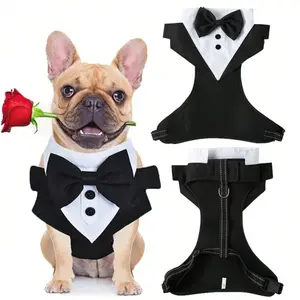 Gentleman Bowtie Tuxedo Pets Harness Vest Dog Chest Strap Clothes Small Dogs Puppy Formal Shirt Wedding Party Suit Costume Pet Vest Style Chest Harness Clothing, Small, Medium, and Large Dog Leash Suit Dress