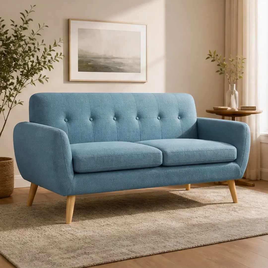 Blue Button Tufted Loveseat 67.25" Mid-Century Modern Fabric Upholstered Couch with Waffle Stitch Backrest and Rubberwood Legs for Living Room Bedroom Foyer Small Space, Blue Color Options, Fabric Material, Product Weight: 60.85 lb