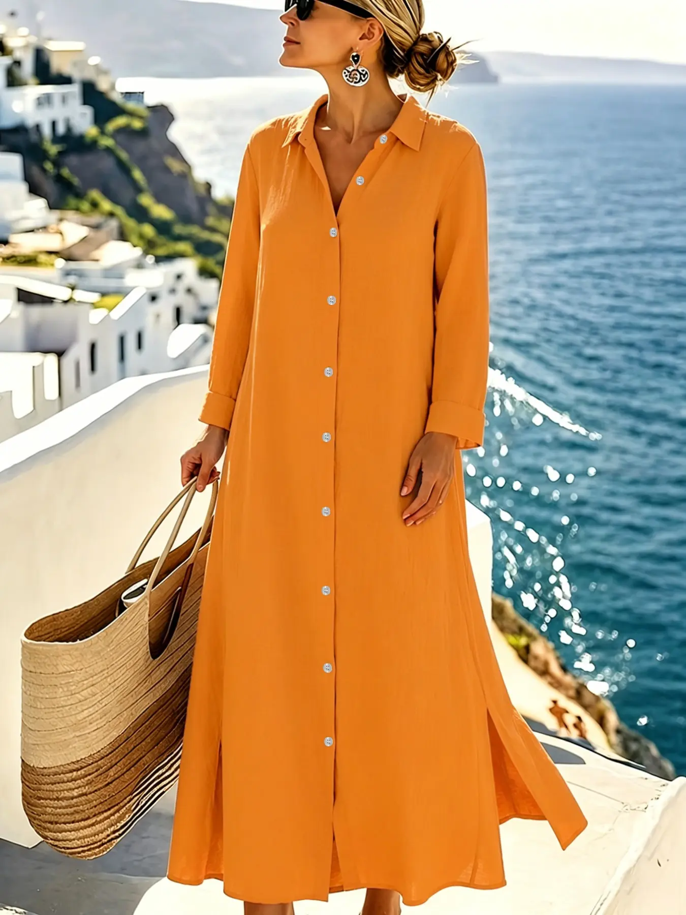 New arrival. All seasons. Women's Summer Casual Wear button shirt dress. Long-sleeved maxi dress, elegant and comfortable for vacations and everyday wear, versatile for commuting. Elegance