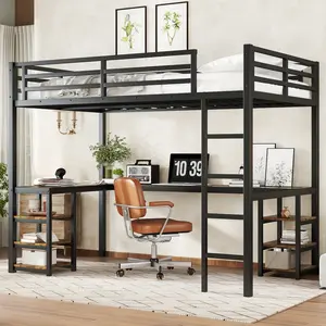 Twin XL Loft Bed with Desk and Shelves, Metal Loft Bed Frame with Ladder and Guardrails, Loft Bed Desk for Teens and Adults, Space Saving Design for Dorm Bedroom, Industrial Style, Black