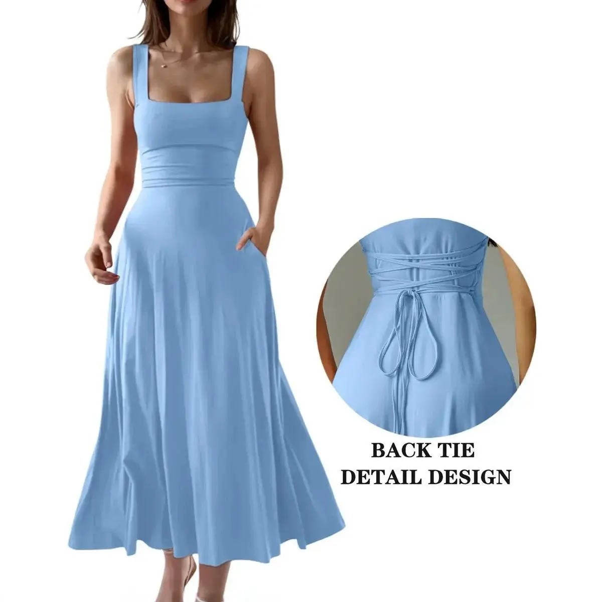 Women Square Neck Sleeveless Long Dress Solid Flowy A-Line Maxi Dress, Slim Fit Casual Outfit with Side Pockets & Back Tie Detail