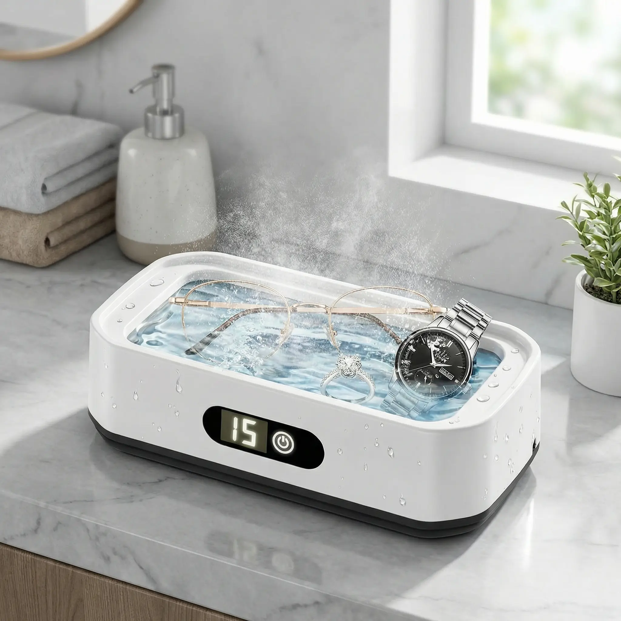 Ru Automatic Ultrasonic Cleaner - 304 Stainless Steel Tank, Compact Quiet Operation, Digital Timer, 50kHz Small Sonic Cleaning Device for Home Use (Eyewear, Small Metal Parts)