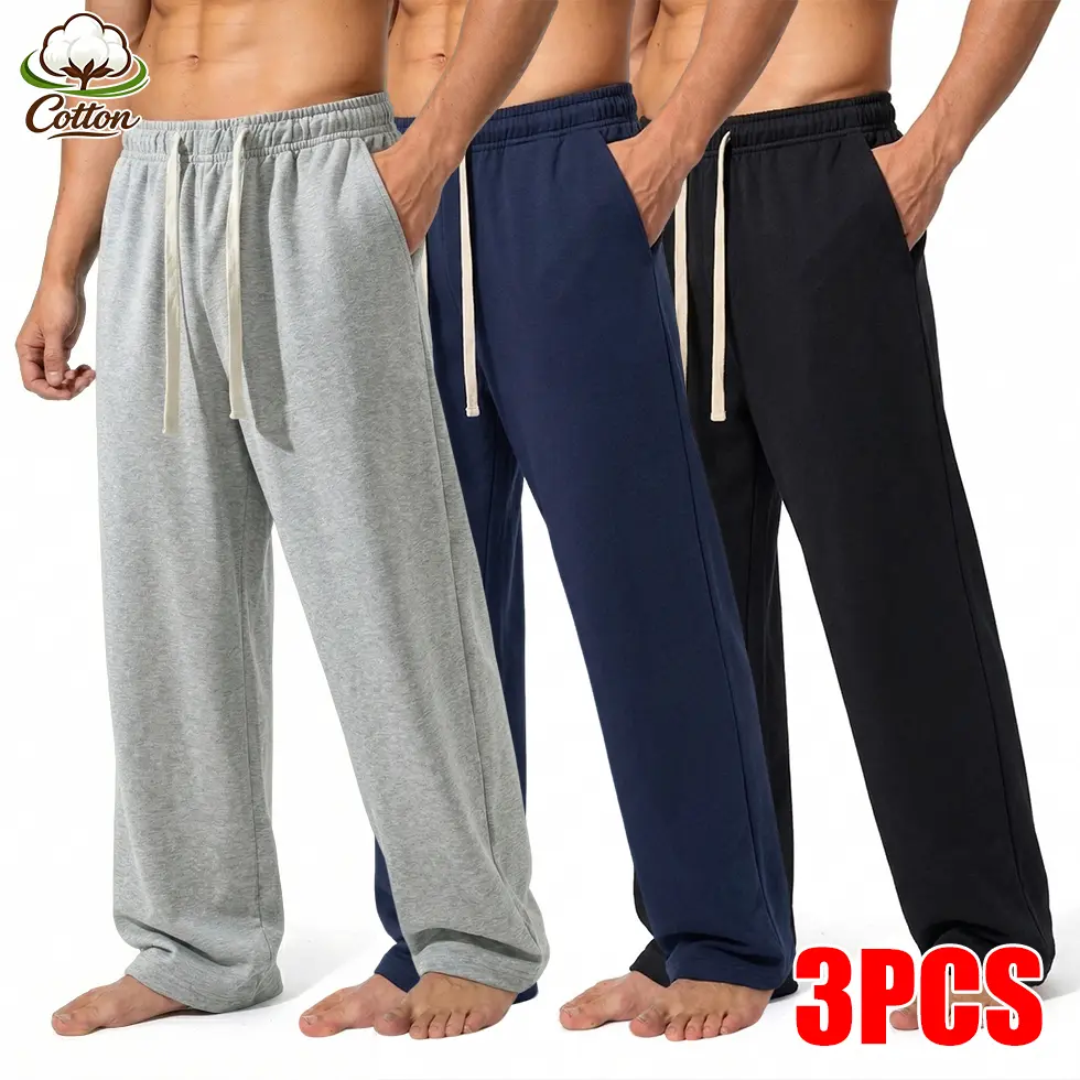 Men's 3 Pack Soft Cotton Sweatpants, Loose Fit Straight Leg Drawstring Lounge Pants with Pockets, Comfy Casual Athletic Joggers for Sleep, Workout, Home Wear Men's 3 Pack Soft Cotton Sweatpants, Loose Fit Straight Leg Drawstring Lounge Pants with Pockets, Comfy Casual Athletic Joggers for Sleep, Workout, Home Wear
