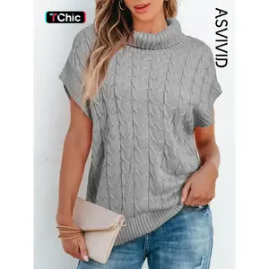 Women’s Plain Cable Knit High-Neck Sweater Vest, Casual Sleeveless Jumper Vest for Everyday Wear, Ladies’ Knitwear for All Seasons