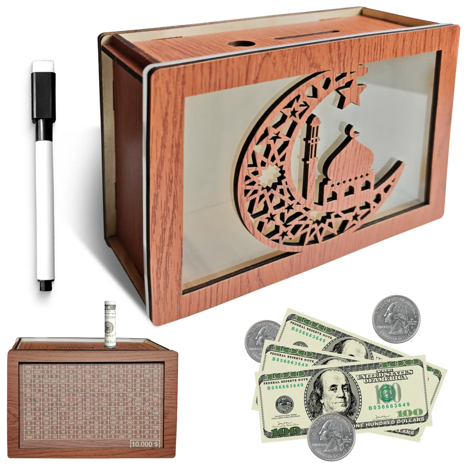 BTLLSSH Wooden Money Jar - Handmade Natural Piggy Bank with $2000/$10,000 Savings Challenge, Money Goals Counter, Home Decor Desk Ornament for Bedroom, Living Room, Boxwood Themed Gift, Gifts