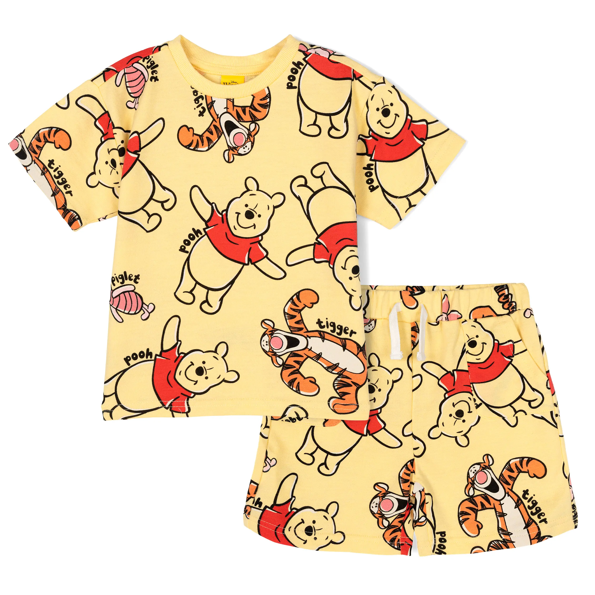 Disney Winnie the Pooh Tigger Yellow 2-Piece Kids' Clothes Set - Allover Print Short Sleeve Drop Shoulder Jersey Top, French Terry Bottoms, Match Style, Casual Wear (Toddler-Little Kid)