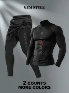 Men's High Neck Warm Long Sleeve T-Shirt + Faux Two-Piece Pants Set, Casual Fashion, Fall & Winter Wear, Comfortable and Stylish