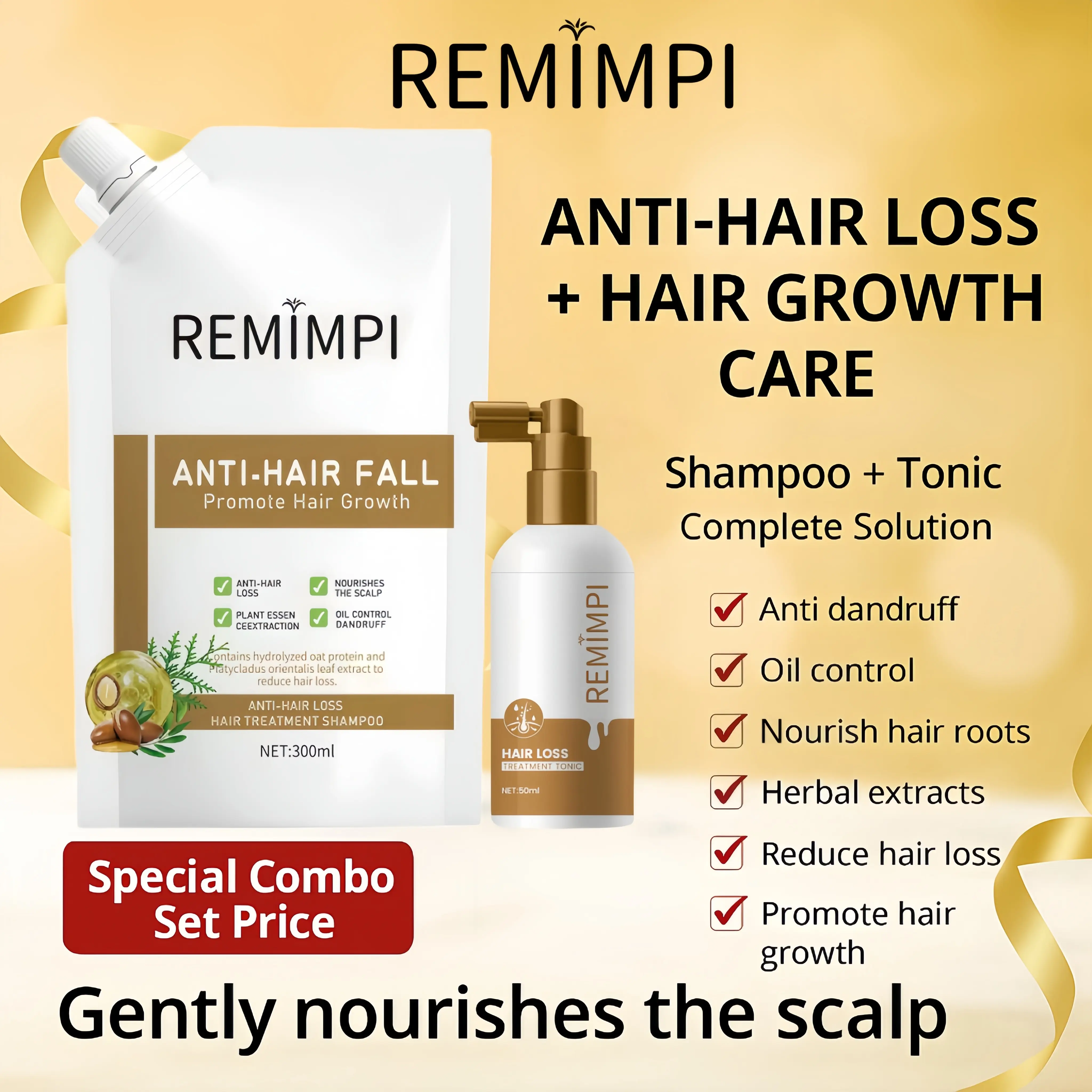 REMIMPI Anti-Hair Loss & Hair Growth Care Combo – Shampoo + Tonic Complete Solution for Thicker, Healthier Hair (300ml + 50ml) summerwins