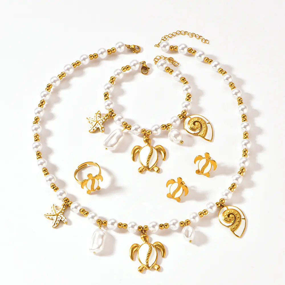 Female Plain Stainless Steel Jewelry Set - Sea Turtle, Sea Screw, Pearl Beaded Stud Earrings, Necklace, Bracelet, Ring for Daily Wear