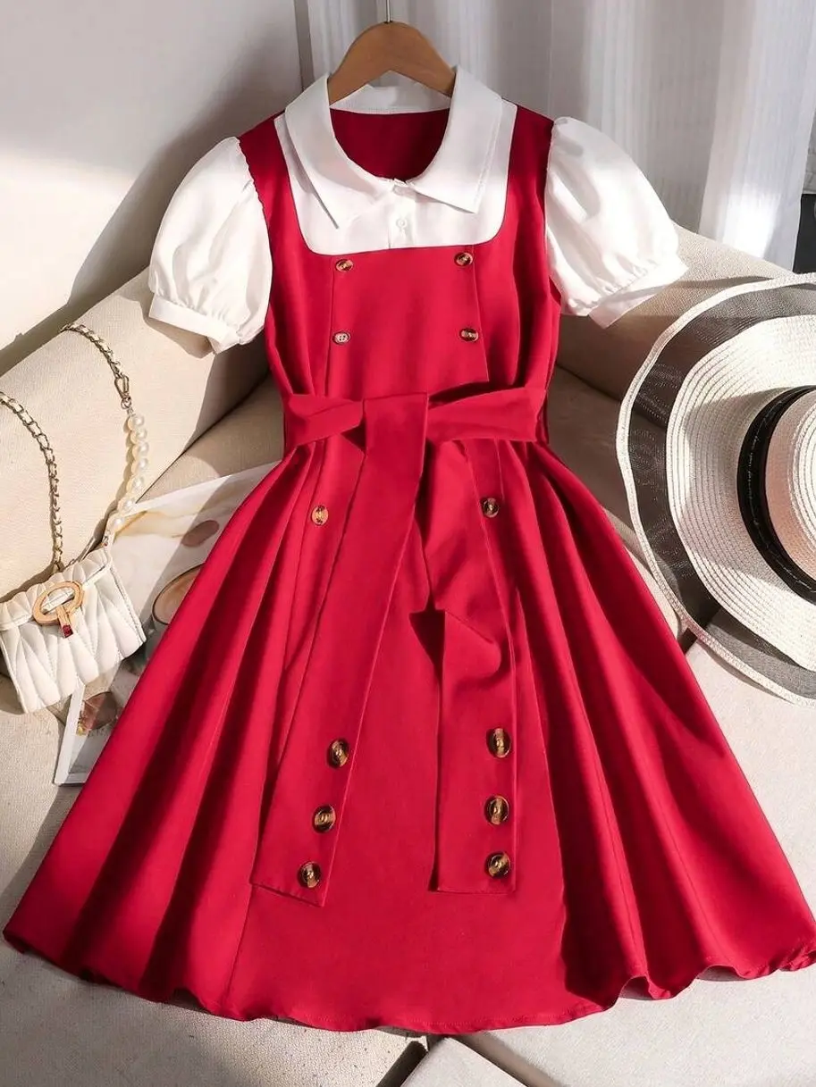 Teen Girls Vintage Puff Sleeve Mini Dress, Contrast Lapel Double-Breasted Back-To-School Party Outfit