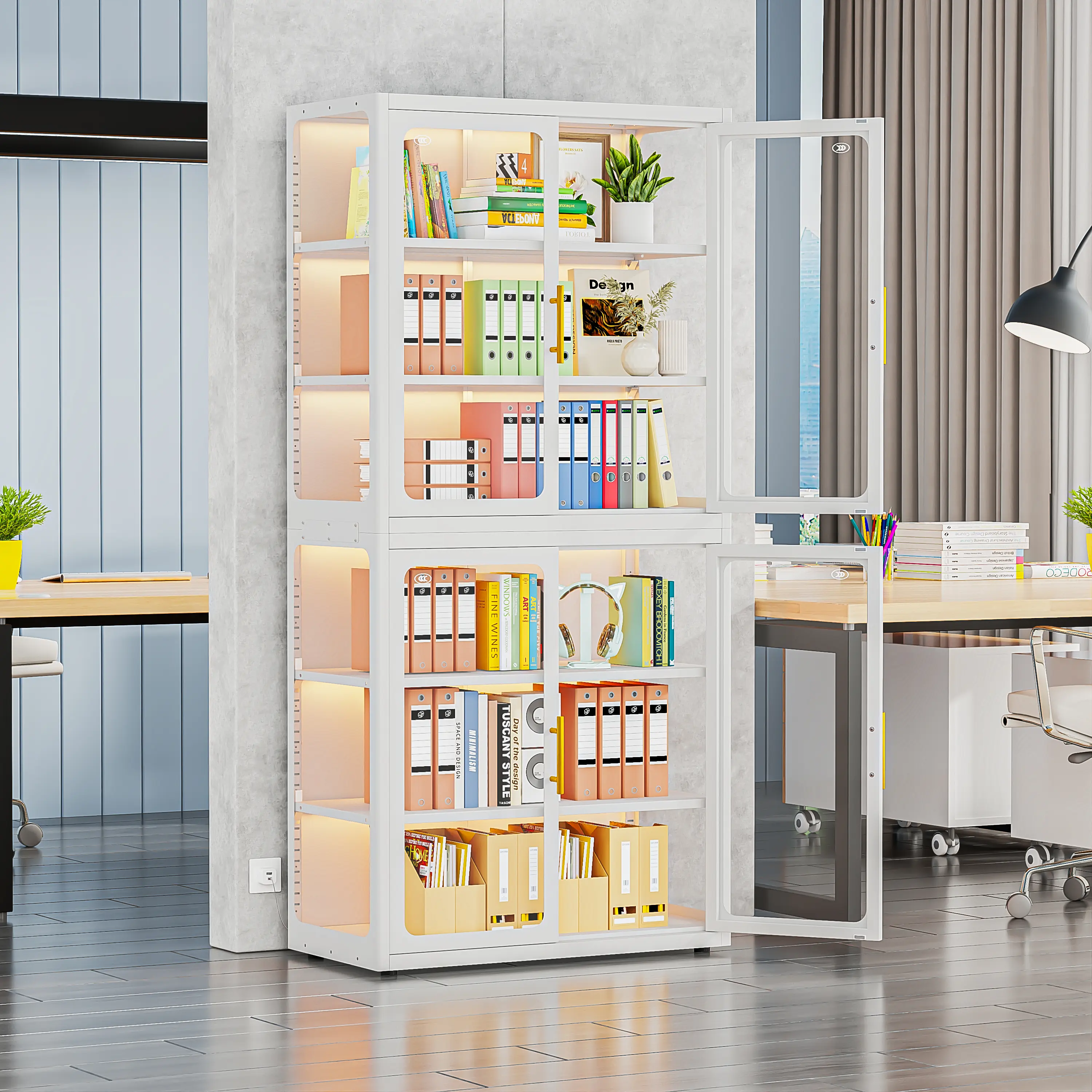 67.2" 6-Tier Glass Display Cabinet with Glass Doors, Curio Cabinet with Multi-Color LED Lights & 4 Adjustable Shelves, Metal Glass Display Case for Collectibles, Bookcase & Storage