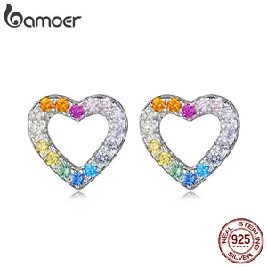 925 Sterling Silver Rainbow Hollowed Heart Stud Earrings for Women Full CZ Piercing Earrings Cute Jewelry Date Gift