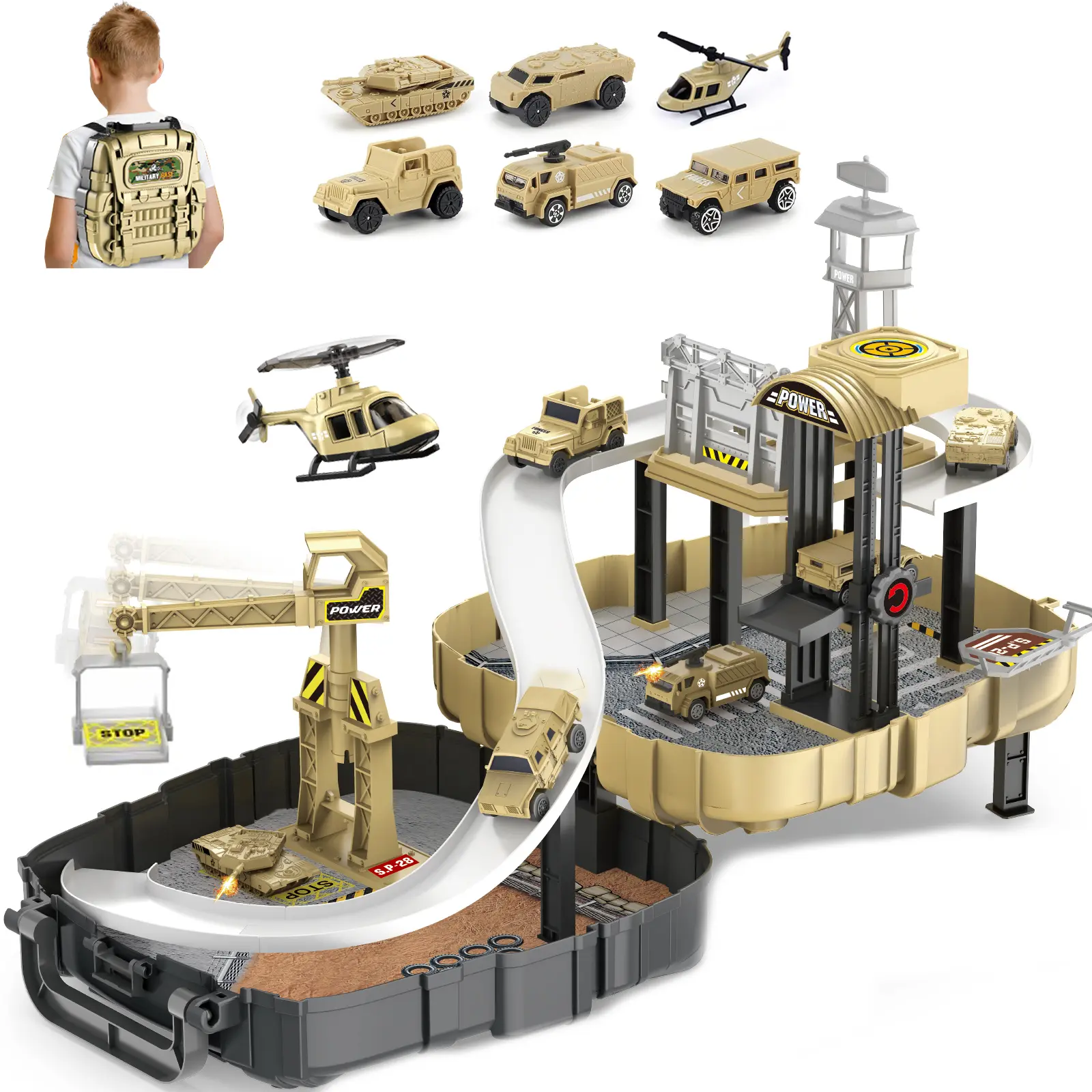 Frontoytall Army Toy Backpack Set with Adjustable Strap - 2-in-1 Deformable Tactical Command Center Toy, Vehicle Tracks, Rotating Crane, BPA-Free Construction Playset for Boys 3+, Transportation, Children Development, Fantasy & Sci-Fi, 11.7in x 11in x 4in