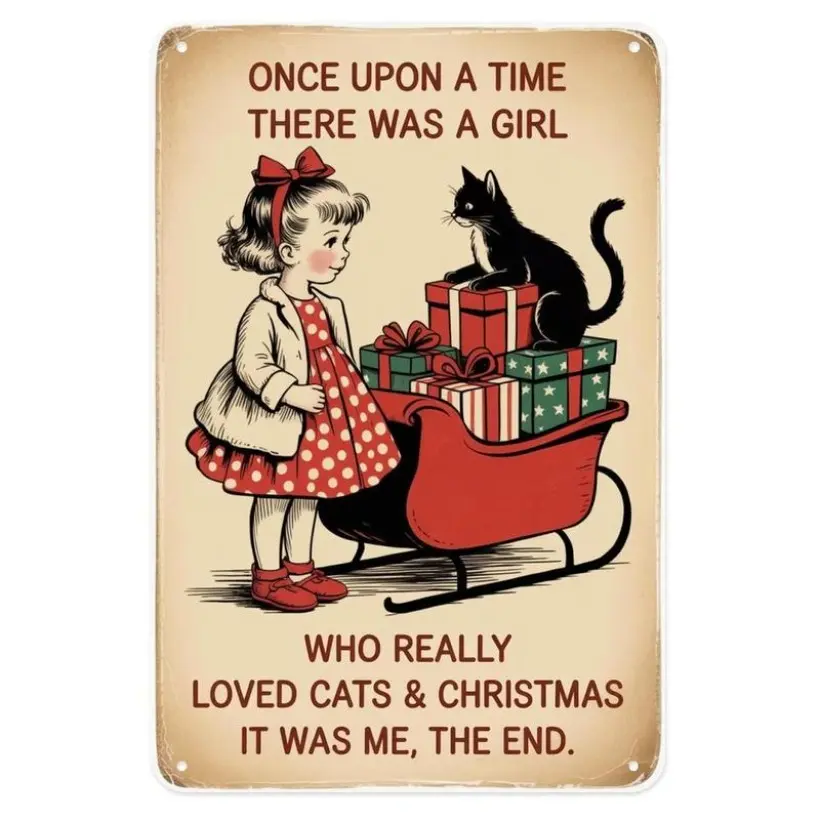 Girl Cat Christmas Tin Sign, Vintage Christmas Cat Story Metal Sign Print Aesthetic Room Decoration for Home Bedroom Kitchen Bar Coffee Bathroom Indoor Outdoor Wall Decor, 8 X 12 in