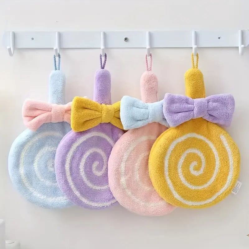 4PCS Hanging style water absorbing thickened cute  small towel for wiping hands, lollipop coral velvet kitchen cloth for wiping hands