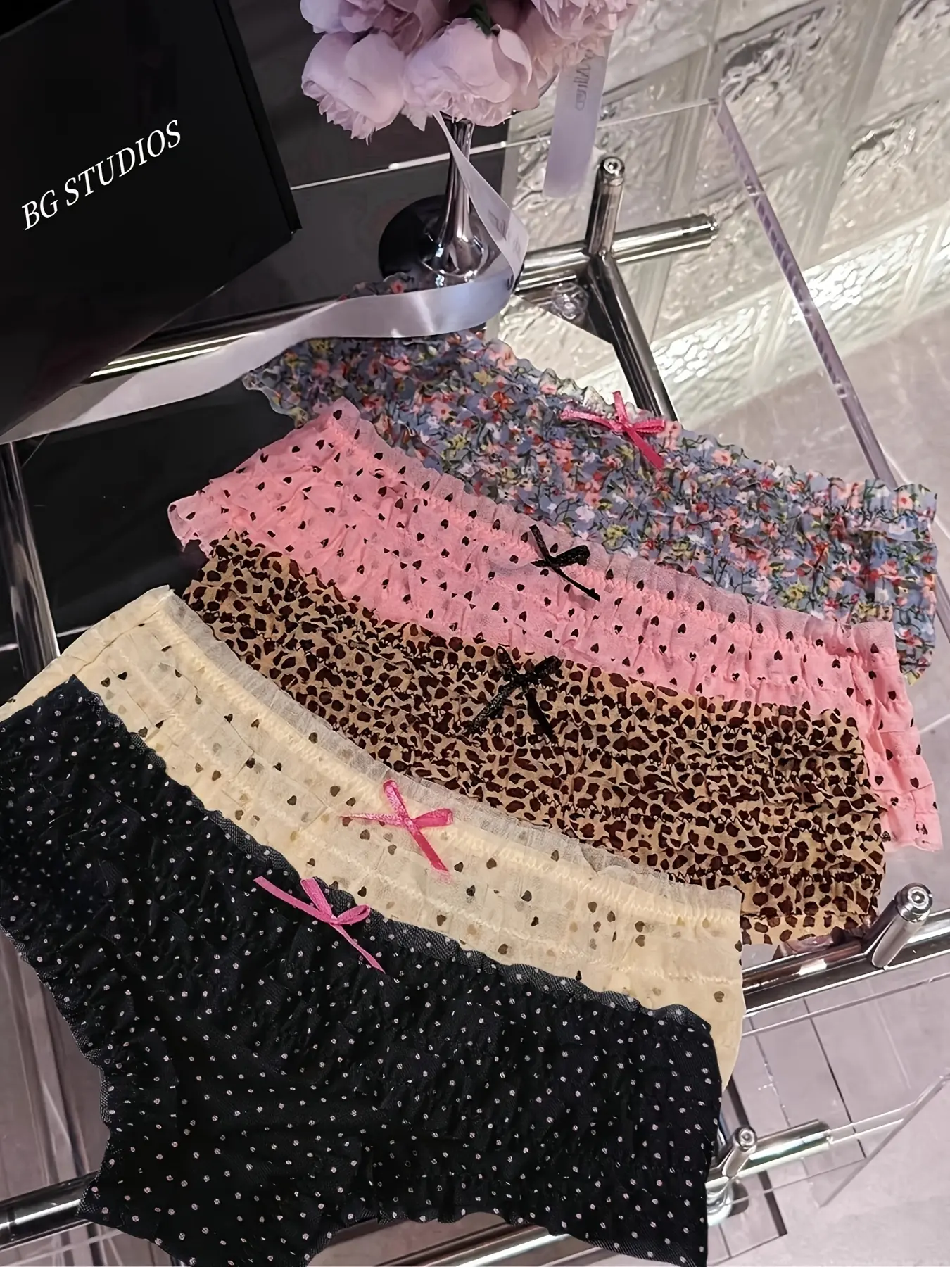 5pcs, Cake Lace Leopard Print Floral Sexy Women's Underwear, Mesh Breathable Triangle Underwear, Pink Colorful Underwear