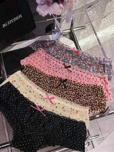 5pcs, Cake Lace Leopard Print Floral Sexy Women's Underwear, Mesh Breathable Triangle Underwear, Pink Colorful Underwear