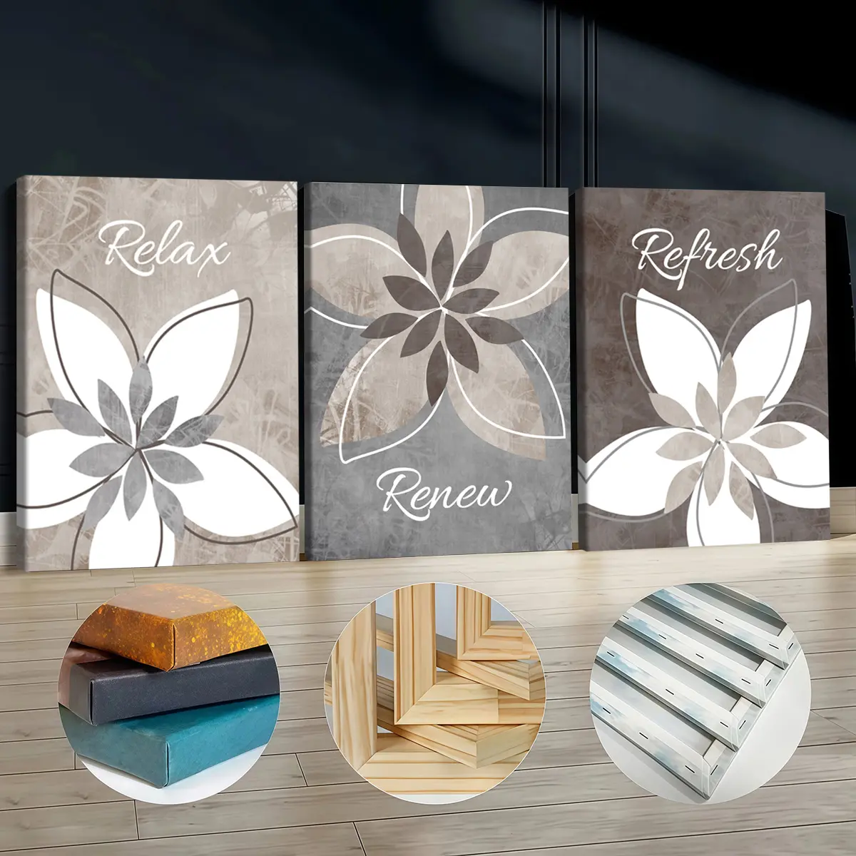 3Pcs Artistic Wooden-Framed Canvas Print Set - Abstract Flower Painting Artwork, Relax-Renew-Refresh Theme, Waterproof Odorless Living Room Decor for Bedroom Wall Home Supplies