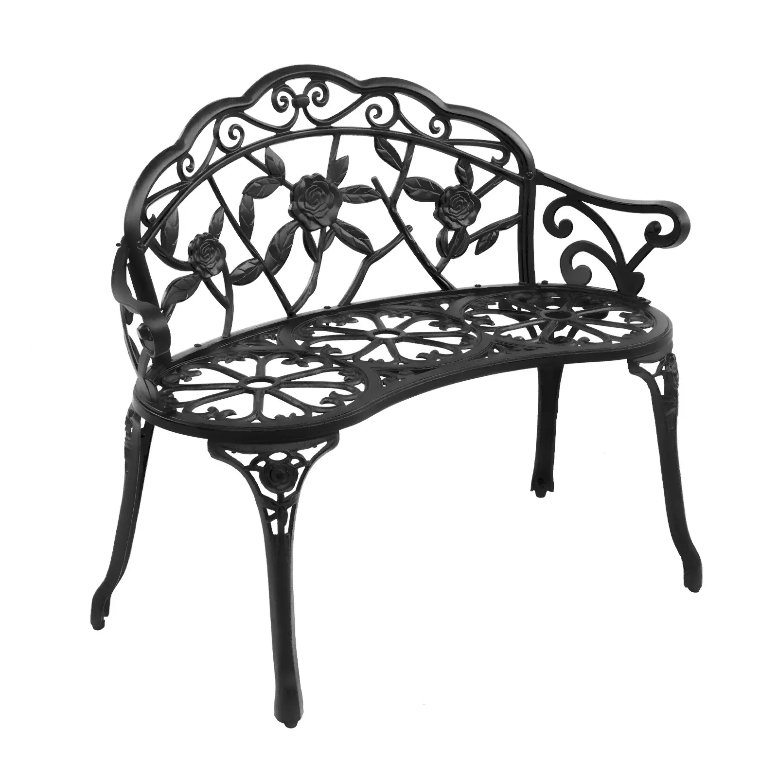 Classic Outdoor Cast Aluminum Patio Bench - Patio Furniture, Outdoor Furniture, Vintage Rose Pattern, Antique Black Finish, Weather Resistant Design, Outdoor Patio Furniture