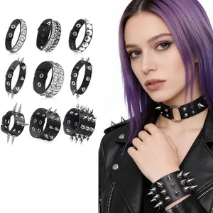 9 Pcs Punk Studded Bracelet Set, Black Leather Rivet Cuff Wrap Bangle for Men Women, Gothic Rock Wristband, Fashion Accessories