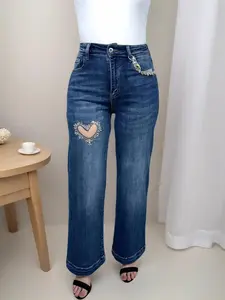Cristy Stretch Denim Jeans with Rhinestone Heart Design- SMALL size-High-waisted-Stretch fabric -ankle length jeans women's bottoms jeans
