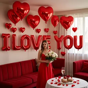 17-piece set of red heart-shaped balloons with "I Love You" lettering, suitable for Valentine's Day, bridal showers, marriage proposals, wedding party decorations, and Christmas decorations.-Greenish #mothersday