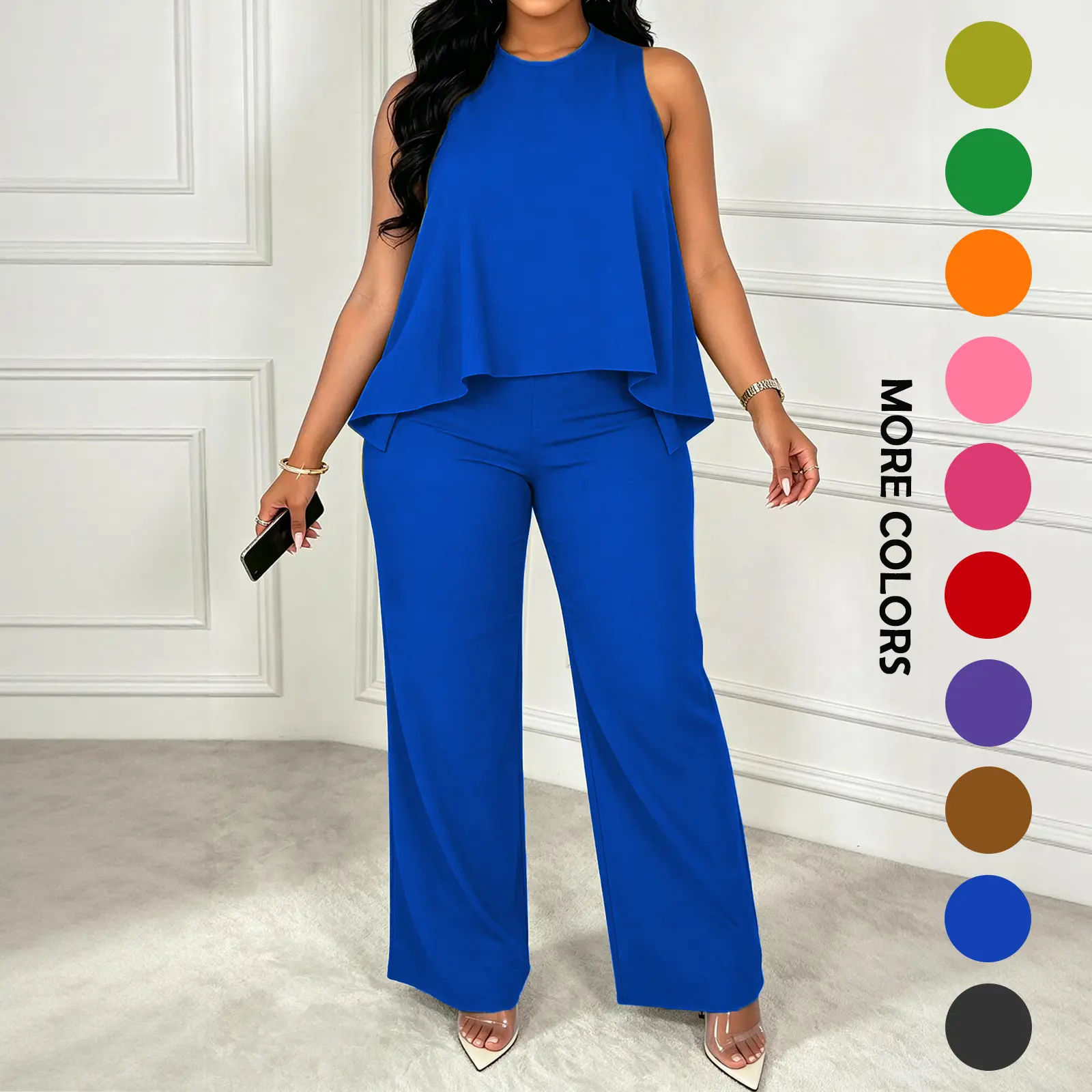 MOEENCN Women's Spring-Summer 2 Piece Set - Lightweight Flowy Halter Top & High-Waisted Wide Leg Pants, Comfortable Stylish Casual-Classy Women's 2 Piece Set for Dressy Occasions, Sleeveless Womenswear Suit, 2 Piece Sets Casual Loungewear Sets Clothes Gam