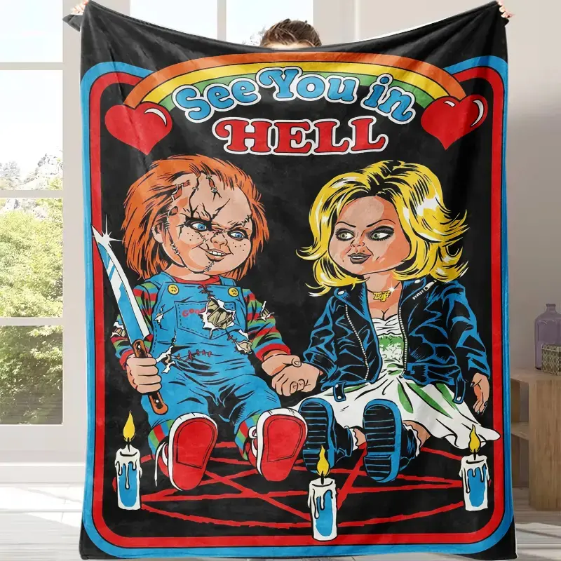 Chucky & Tiffany See You in Hell Retro Horror Flannel Blanket, Bride of Chucky Themed Plush Throw, Ultra Soft Cozy Warm Blanket, Stylish Home Decor, Ideal Gift for Halloween, Birthday & All