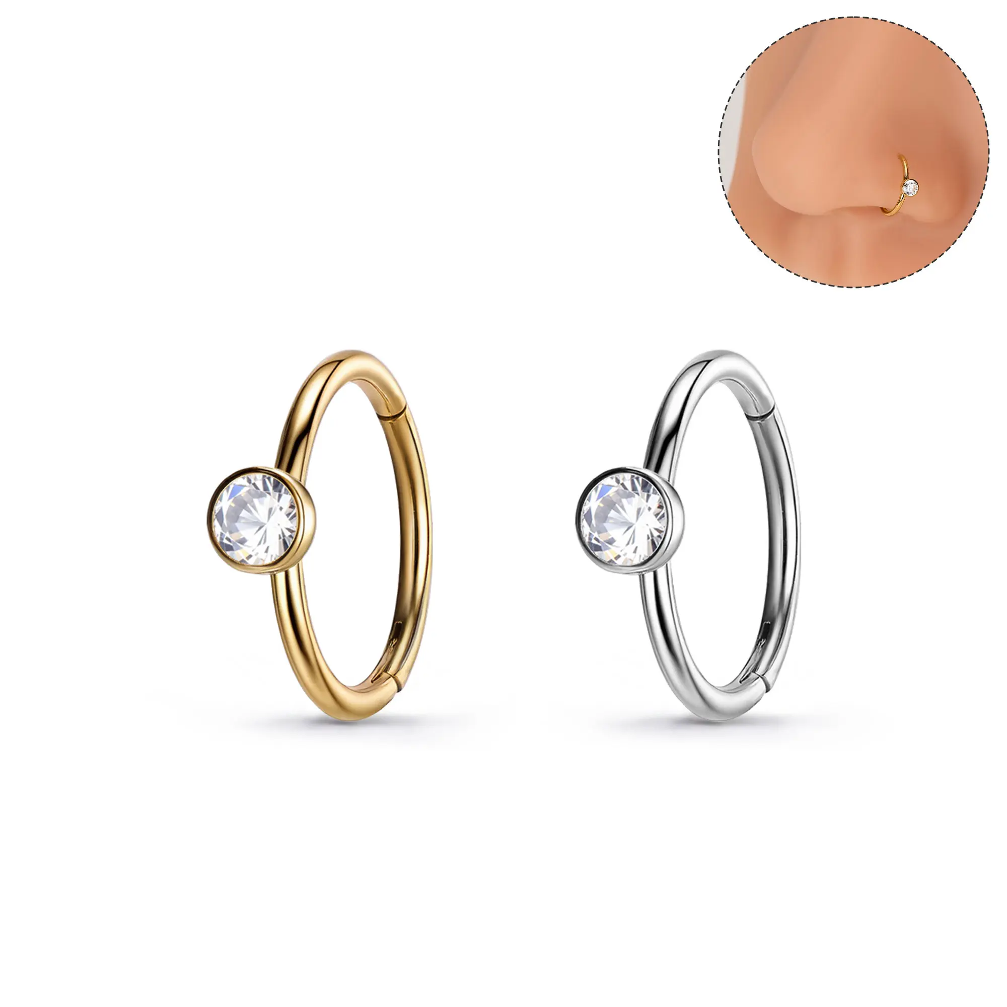 Oufer 20G Stainless Steel Single Hoop With CZ Hinged Segment Daily Nose Rings