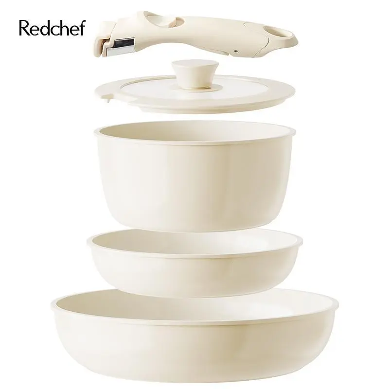 Redchef Truly Non Toxic Pots and Pans Set Non Stick, Ceramic Pot and Pan Set Non Stick, PFAS PTFE PFOA PFOS Free, Ceramic Kitchen Cookware Set with Detachable Handle, RV Camping with Frying Pans Set