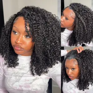 Kinky Curly Half Wig 100% Human Hair Glueless Ready Wear Wig Invisible Natural Hairline Beginner Friendly Upgrade Curly Headband Wigs 200% Density