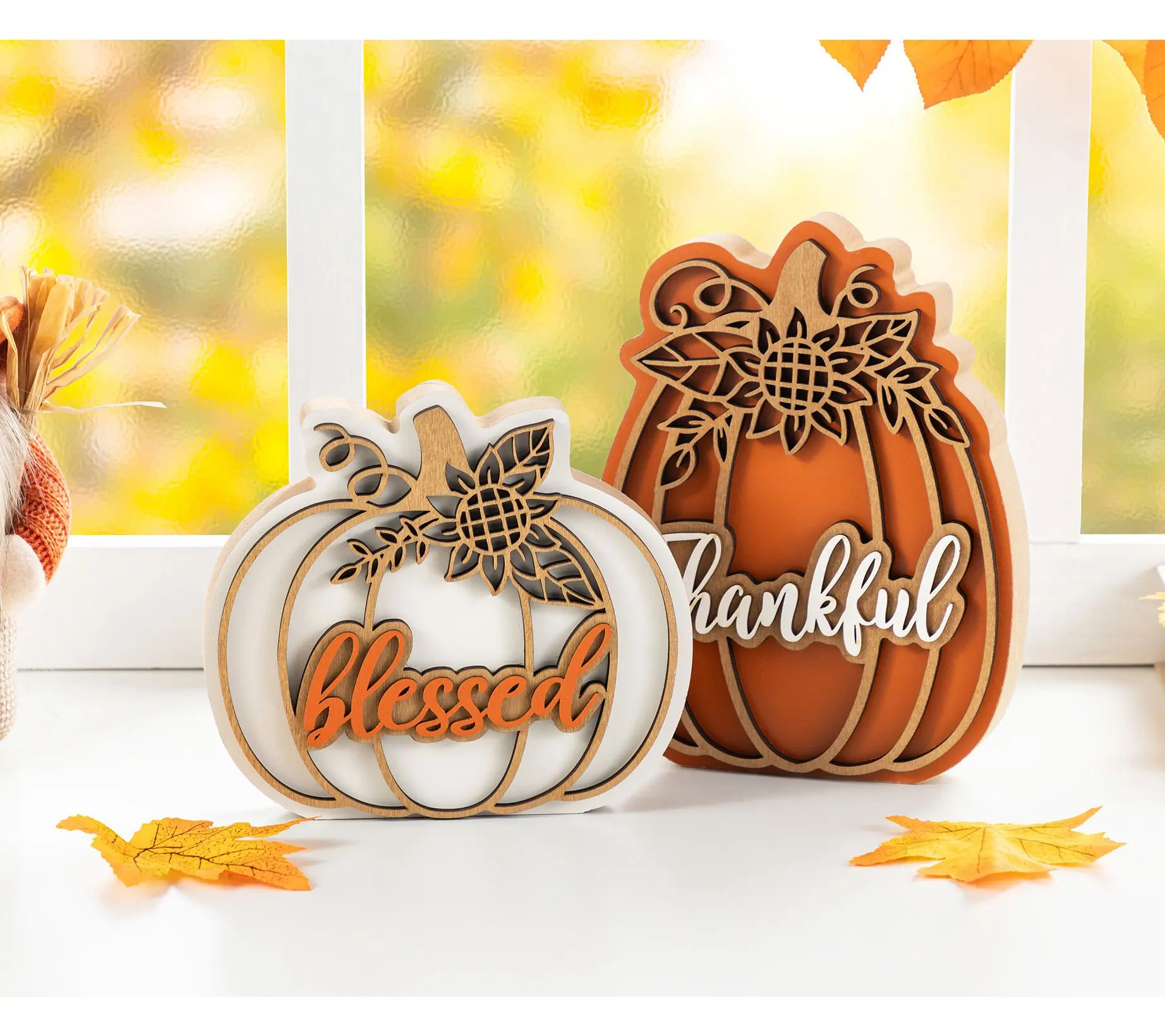 Glitzhome Thanksgiving Wooden Pumpkin Table Decor Set of 2